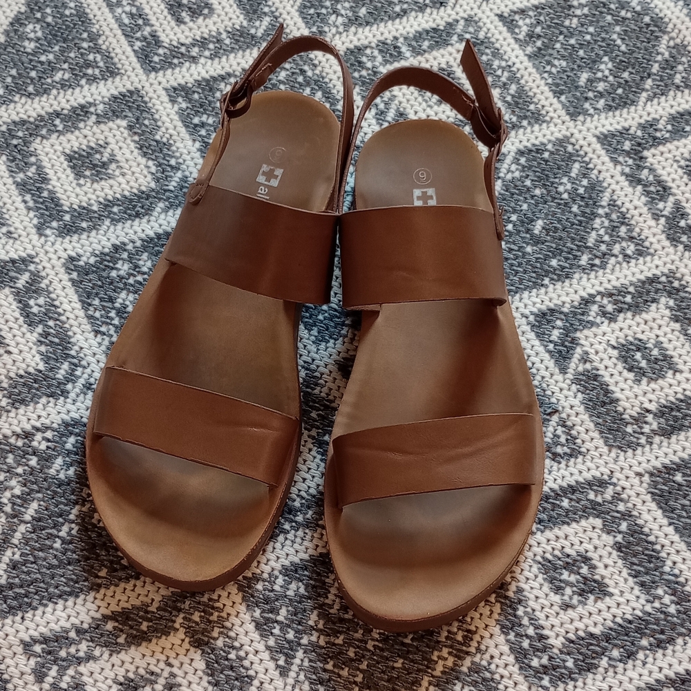 Alpine Swiss Brown Leather Two-Strap Slingback Sandals